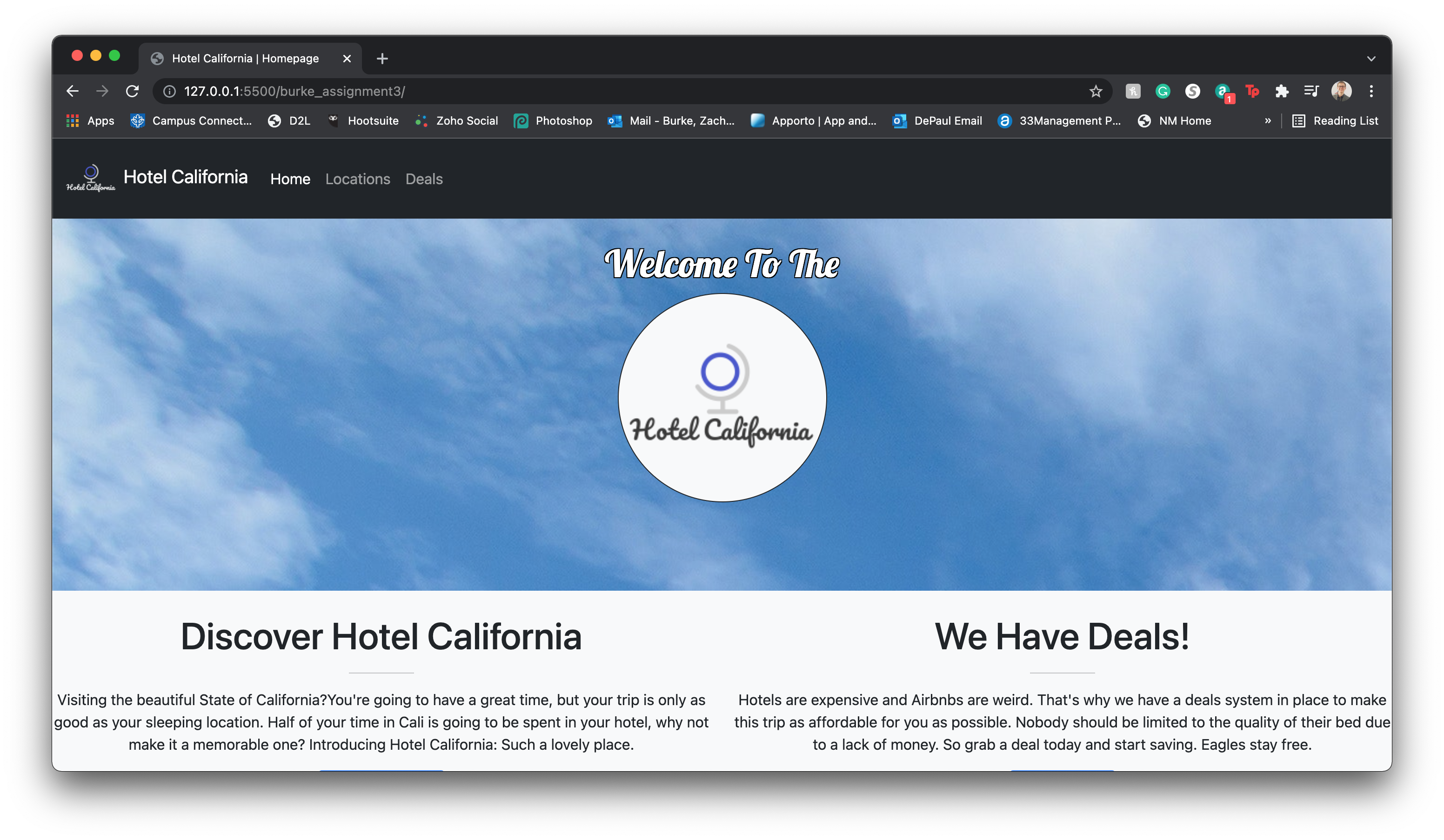 Screenshot of my Hotel Website Homepage